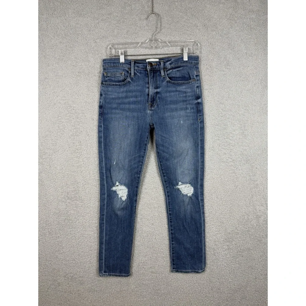 FRAME Le Beau Distressed Straight Jeans Women's Actual Size 28x27 Blue Denim - Picture 1 of 10